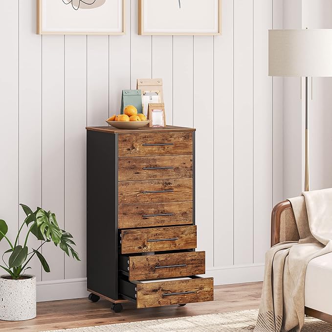 HOOBRO 7-Drawer File Cabinet, Wooden Office Cabinet with Drawers, Mobile Storage Filing Drawer for Home Office, Study, Easy Assembly, Rustic Brown and Black BF07WJ01
