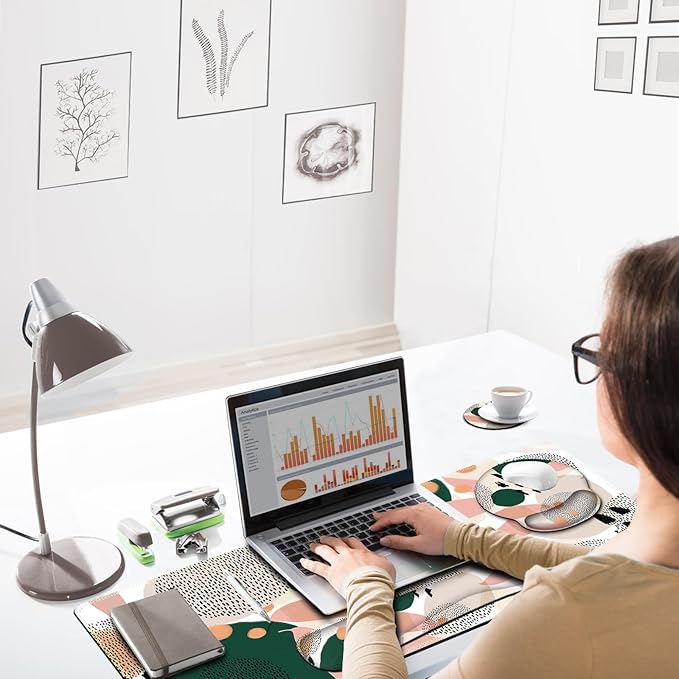 ARTSO Desk Mat, Large Gaming Mouse Pad Wrist Support Set, Ergonomic Keyboard Wrist Rest Desk Pad with Coaster Combo, Extended Mousepad with Non-Slip for Home Office, Abstract Point