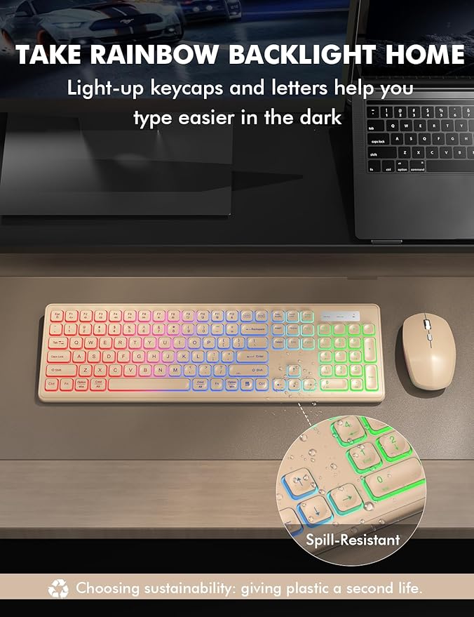 Wireless Keyboard and Mouse Combo - RGB Backlit, Rechargeable & Light Up Letters, Full-Size, Ergonomic Tilt Angle, Sleep Mode, 2.4GHz Quiet Keyboard Mouse for Mac, Windows, Laptop, PC