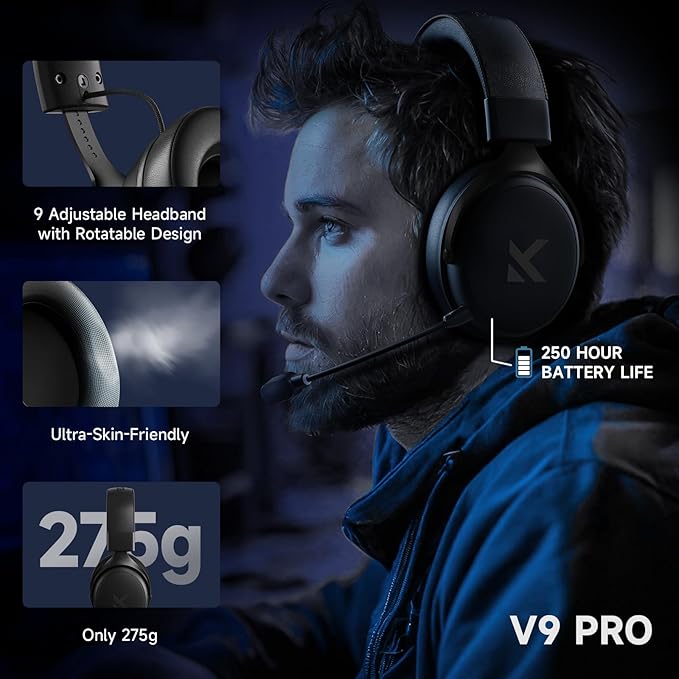 MCHOSE V9 PRO Wireless Gaming Headset 7.1 Surround Sound for PS5 PS4 PC SWITCH TOPSPEED Gaming Headphones with Noise Canceling Mic, 250Hr Battery, Low 15ms Latency, Lightweight, BT 5.3 FPS Games Black