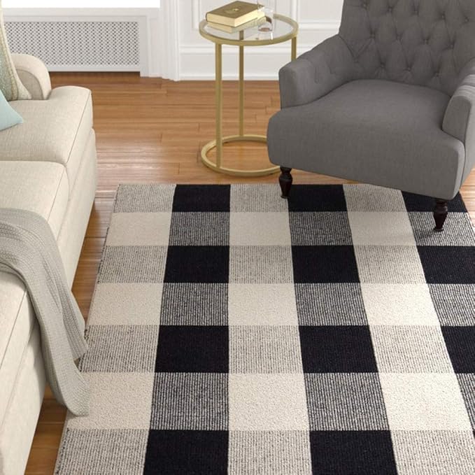 Buffalo Plaid Outdoor Rug, 27.5''x43'' Black White Check Indoor/Outdoor Area Rugs, Layering Rug for Hello/Welcome Door Mat, Washable Cotton Woven Farmhouse Mat for Christmas Front Porch Décor