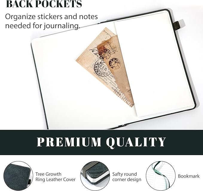 CAGIE Lined Journal for Men Women, Tree Growth Ring Leather Bound Journal Notebook 256 Pages 100 GSM Journals for Writing, A5 Hardcover Journaling Notebooks,2 Pack (Brown & Dark Green)