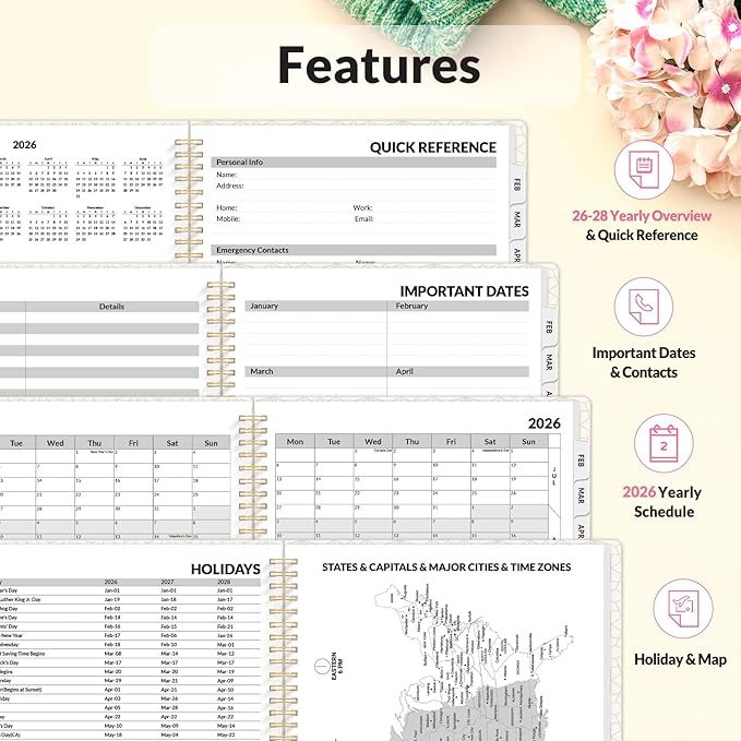 SUNEE Planner 2026 Weekly and Monthly, January 2026-December 2026, 8.5"x11", Tabs, Note Pages,Spiral Binding, Watercolor Flowers