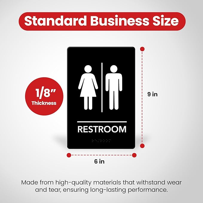 Promot Unisex Bathroom Sign – ADA Braille Restroom Sign for Business, Self-Adhesive, 9" x 6", Commercial Door Signage, Office Wall Decor - Black