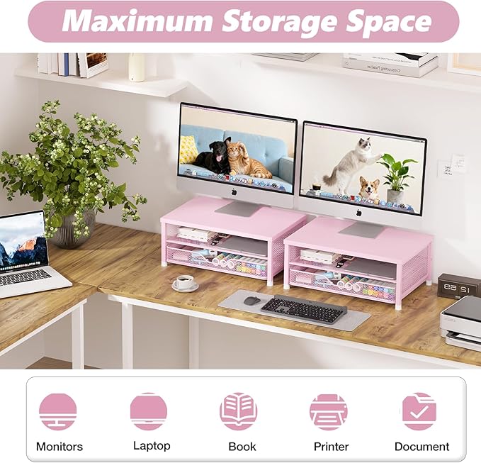 OPNICE Computer Monitor Stand Riser, Desk Organizers and Accessories with Drawer, Laptop Stand, Office Desk Accessories & Workspace Desktop Organizers Storage for Office Supplies(Pink)