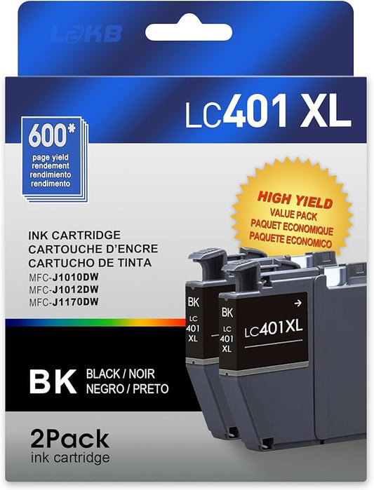 LC401XL Compatible Ink Cartridges Replacement for Brother Ink Cartridges LC401 Black to Use with Brother MFC-J1010DW MFC-J1012DW MFC-J1170DW Printer (2Black)