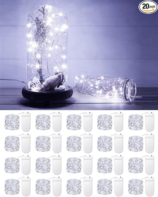20 Pack Fairy Lights Battery Operated 3.3ft 20 LED Mini String Twinkle Copper Wire Firefly Starry for Mason Jars Wedding Party Christmas Centerpiece Table Decorations, Cool White