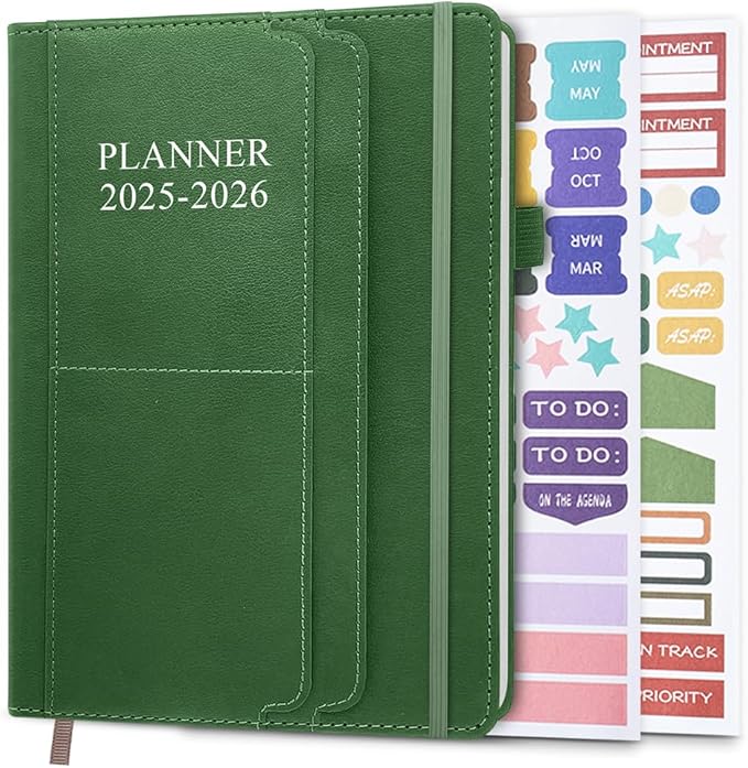 Planner 2025-2026 - 18 Months Academic Planner 5.8" x 8.5", 2025-2026 Weekly & Monthly Agenda with Pen Holder, Vegan Leather Hard Cover, Green