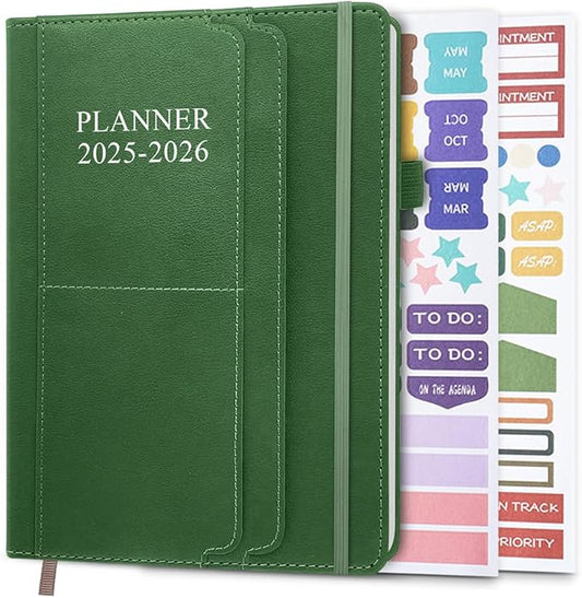 Planner 2025-2026 - 18 Months Academic Planner 5.8" x 8.5", 2025-2026 Weekly & Monthly Agenda with Pen Holder, Vegan Leather Hard Cover, Green