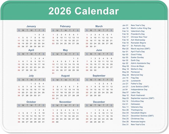 2026 Calendar Mouse Pad, Square New Year 2026 Mousepad 10.2 x 8.3 Inch, Stitched Edge Anti-Slip Waterproof Rubber Computer Mat for Office, Gaming, Laptop, New Year Office Supplies Gift, Green
