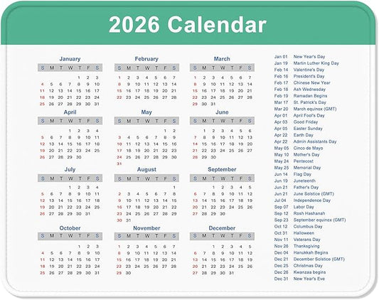 2026 Calendar Mouse Pad, Square New Year 2026 Mousepad 10.2 x 8.3 Inch, Stitched Edge Anti-Slip Waterproof Rubber Computer Mat for Office, Gaming, Laptop, New Year Office Supplies Gift, Green