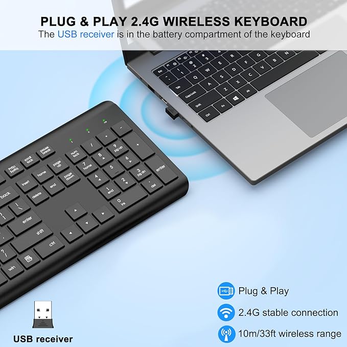 EDJO Wireless Keyboard, 2.4G Full-Sized Cordless USB Silent Computer Keyboard, Ergonomic Tilt Angle, Sleep Mode, Long Battery Life, for Windows, Mac OS Laptop/PC/Desktop/Notebook