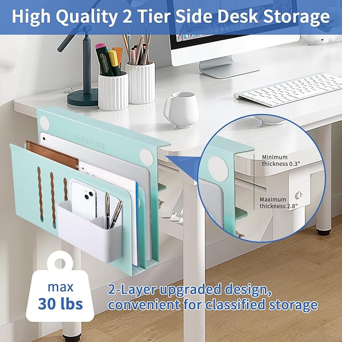 LUKETURE Desk Side Storage, 2 Tier Steel Hanging Organizer, No Drill Side Desk Organizer, Laptop Holder, with Pen Holder, Hanging Table Storage for Office Home, Fits Flat Edge Tables 0.3" to 2.8"