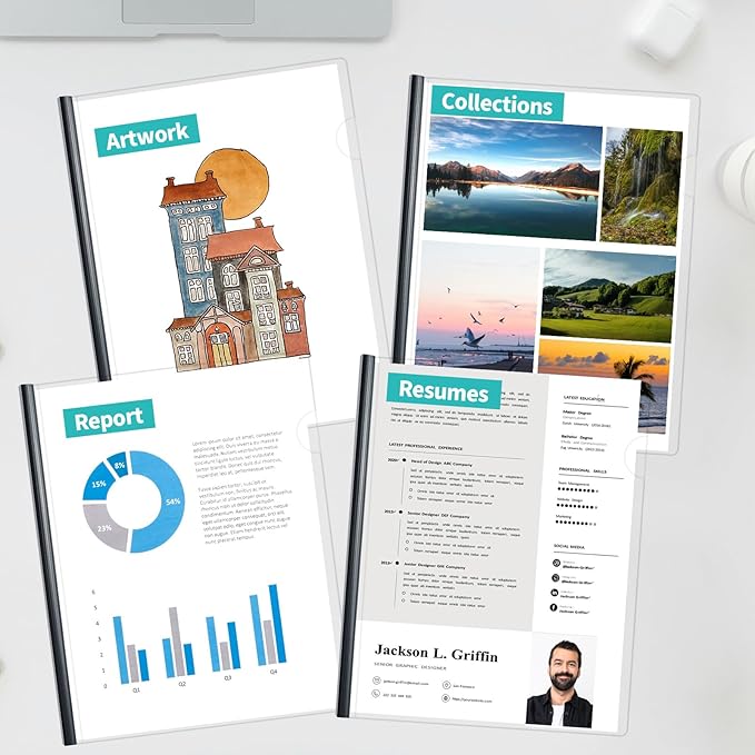 Binditek 40 Pack Heavyduty Clear Report Covers with Sliding Bars, 80 Sheet Capacity, 9mm Sliding Bar File Folder Binder, Letter Size, 8 Mil Thick, Black, for Students and Coworkers