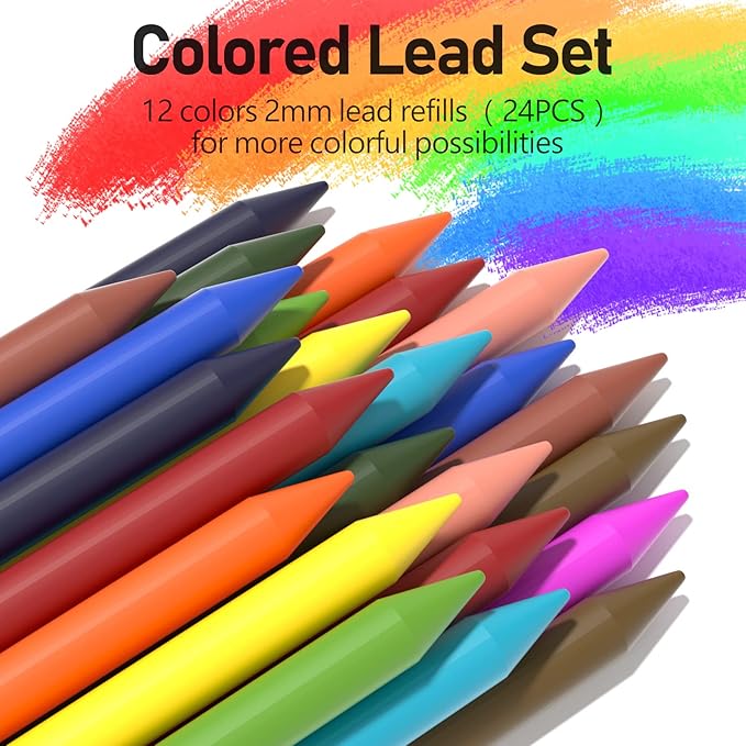 Four Candies 25PCS Art Mechanical Pencil Set with Case, 3PCS Metal Artist Lead Pencil 0.5, 0.7, 0.9 mm & 3PCS 2mm Holder (HB 2H 2B 4B Color) with 432PCS Graphite Lead Refills for Drawing Sketching