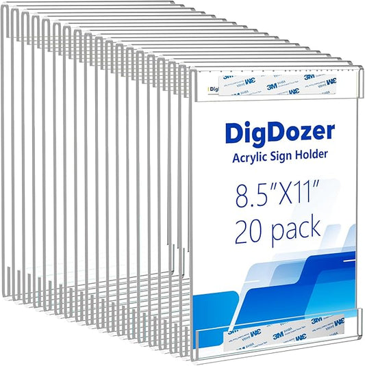 20 Pcs Acrylic Sign Holder 8.5 x 11, Vertical Wall Mount Sign Holders with Adhesive, Clear Plastic Frames Paper Display Sign Holders for Office, Home, Store, Restaurant - No Drilling