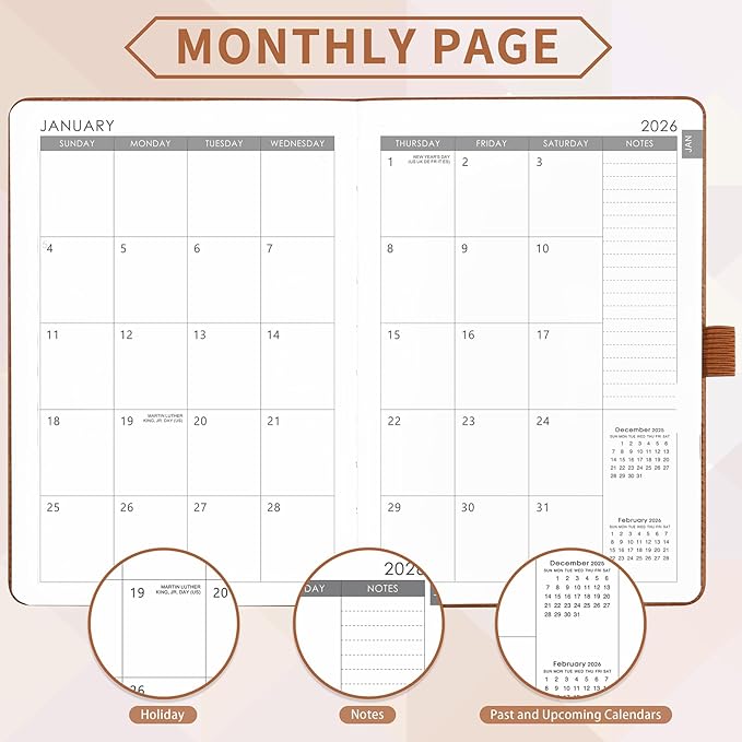 2026 Planner - Planner 2026, 2026 Weekly Monthly Planner, Jan.2026 - Dec.2026, 5.7'' x 8.4'', Thick Paper, Leather Cover, Pen Holder, Back Pocket, Bookmarks, Perfect Daily Organizer - Brown