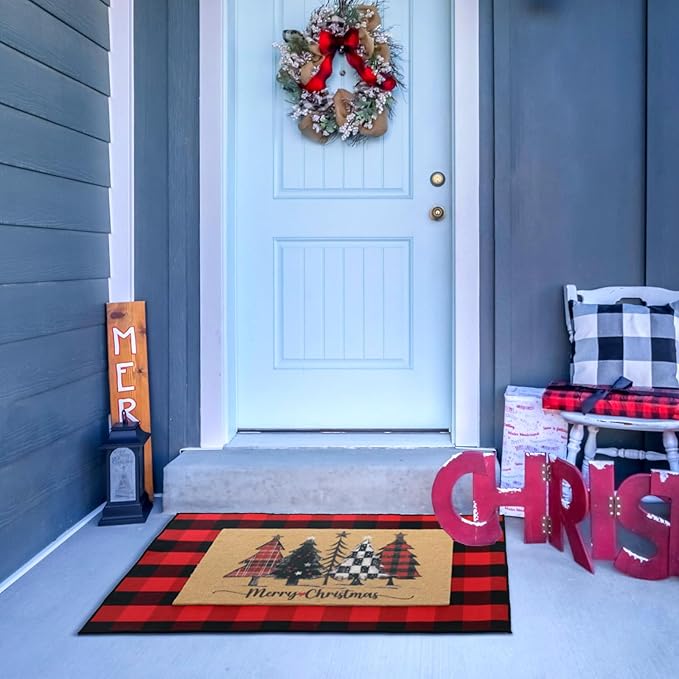 2 Pcs Christmas Front Porch Rug Buffalo Plaid Christmas Front Door Mats Imitation Coco Coir Xmas Welcome Layering Rugs for Outdoor Home Winter Festival Holiday Farmhouse Decor, 36 x 60 Inch