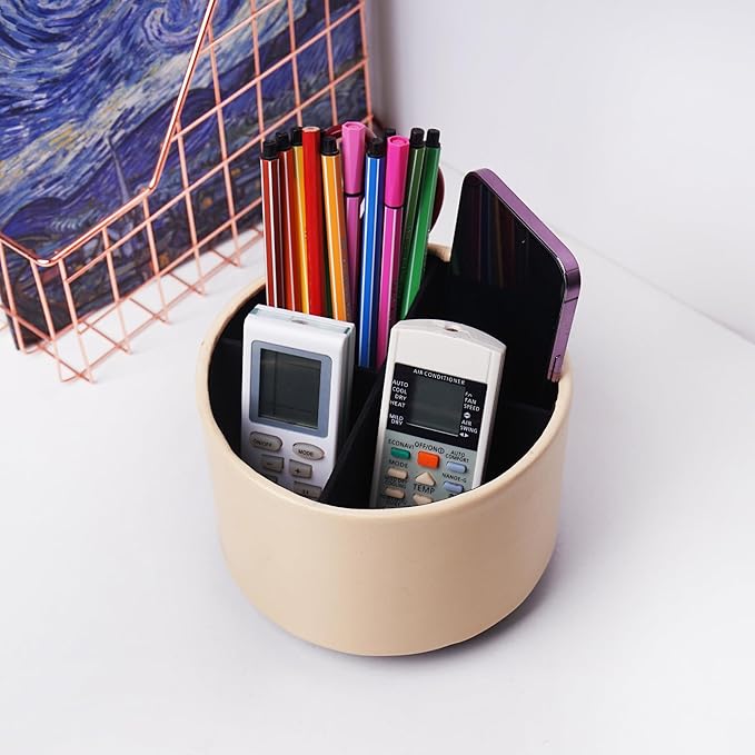 Hennaja Round Leather Art Supply Organizer,Remote Control Holder,360 Degree Spinning,Multi-Functional Pencil Holder,4 Compartments Desktop Stationary Organizer(1-Oil Apricot)