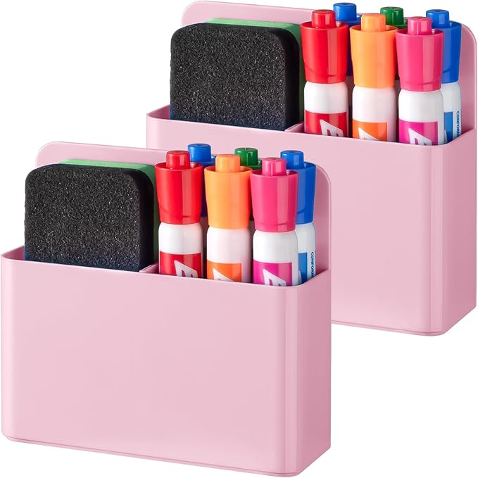 BEYGORM 2 Pack Plastic Magnetic Pen Holder for Refrigerator, Dry Erase Marker Holder for Whiteboard，Magnet School Locker Organizer Accessories, Pencil Cup, Pen Caddy, Classroom Organization(Pink)
