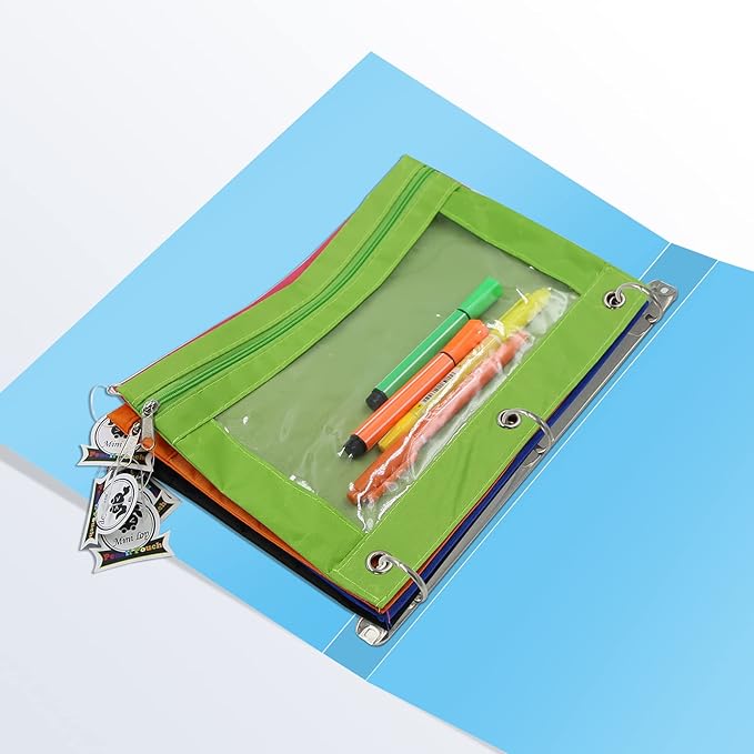 3 Ring Binder Pencil Pouches, Pencil Pouch for 3 Ring Binder, Zippered Clear Window Pencil Case for Binder with Rivet Enforced Hole 3 Ring, 5 Packs