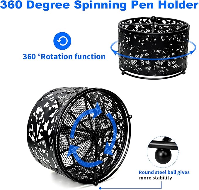 360 Degree Rotate Pen Holder for Desk Mesh Desk Pen Organizer Pencil Holder Large Capacity Accessories & Workspace Organizers for School,Home (Black bird lace pattern, No hook)