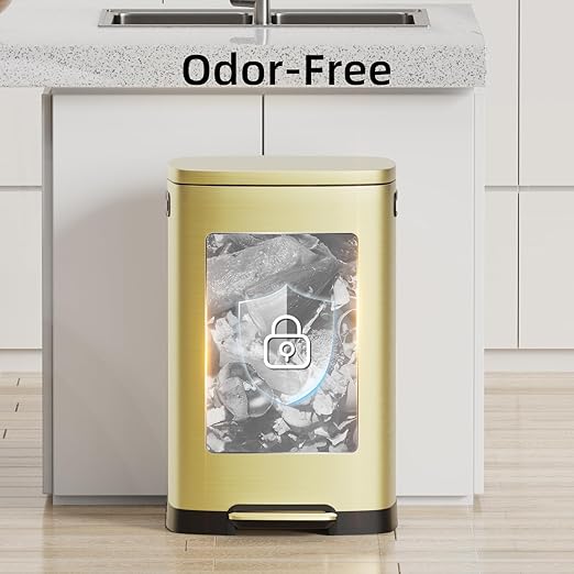 KUK 13 Gallon/50L Stainless Steel Kitchen Trash Can with Lid and Step Pedal-Large Capacity Garbage Bin with Odor Seal, Silent Close Lid, Removable Inner Bucket, Titanium Gold