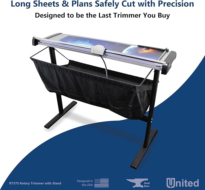 United Office Products RT37S Commercial Rotary Paper Trimmer with Stand and Fabric Catch Tray, Sturdy Metal Base, 38" Cut Length, 10 Sheet Capacity, Paper Cutter for Offices, Schools and Crafts