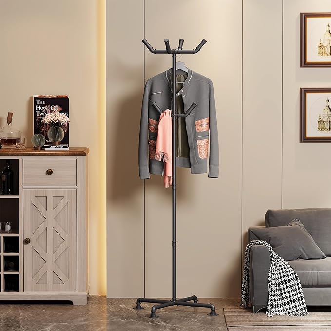 Industrial Coat Rack,Metal Pipe Coat Rack Stand Freestanding with 6 Hooks,Heavy Duty Coat Tree Sturdy Coat Racks for Entryway, Hallway, Bedroom (Black)