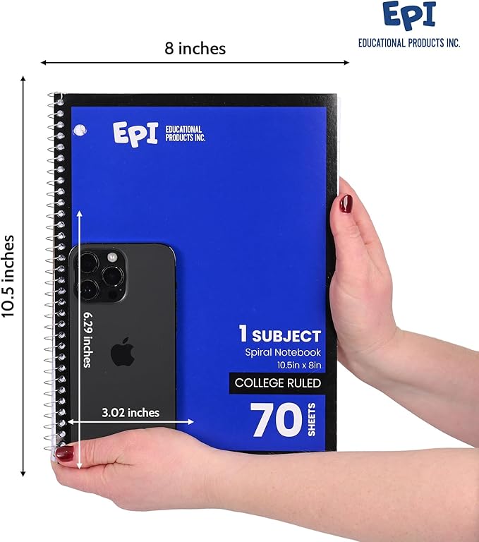 EPI Spiral Notebook | 1 Subject - College Ruled - 70 Sheets, Durable Spiral Binding | 10.5 x 8 in | Classroom Supplies | School, Office, Note Taking, Journaling - 3 Pack