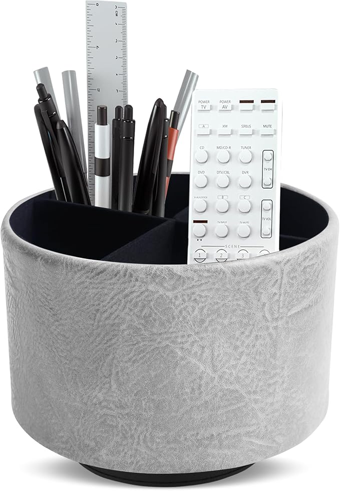 Hennaja Round Leather Art Supply Organizer,Remote Control Holder,360 Degree Spinning,Multi-Functional Pencil Holder,4 Compartments Desktop Stationary Organizer(1-Crazy Blue)