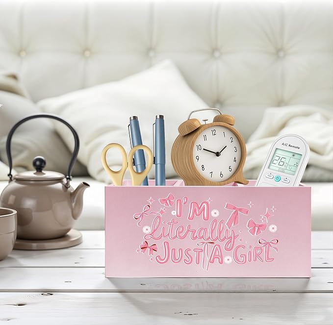 I'm Literally Just A Girl Makeup Brush Toothbrush Holder, Trendy Pink Coquette Bow Wooden Pen Pencil Holder Organizer for Dorm Bedroom Desk Accessories, Back to School Gifts for Girls