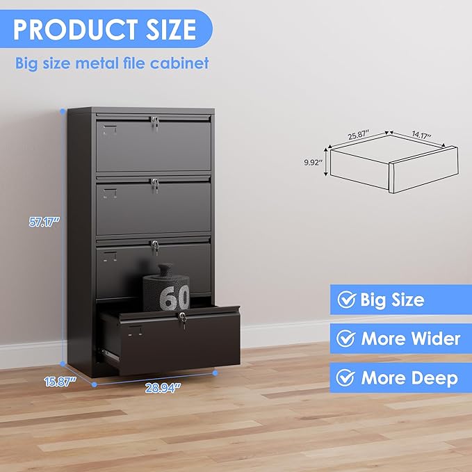 SUXXAN 4 Drawer File Cabinet, Lateral Filing Cabinet with 4 Locks for Home Office, Black File Cabinets with Business Card Holder for Letter/Legal/F4/A4 Hanging Files