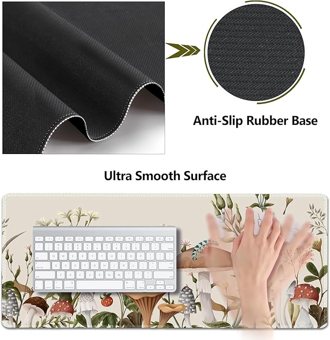 AIMSA Large Gaming Mouse Pad Set, Keyboard Wrist Rest Support+ Extended Mousepad+ Mouse Wrist Cushion+Coaster, Ergonomic Multifunctional Desk Mat 35x15.7in, Mushroom Plant Garden