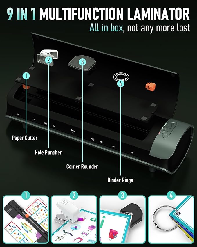 Qfun Laminator Machine 11x17 Cold Thermal Laminator，13 inch Laminating Machine 60s Warm-up with 30 Laminate Sheets，9 in 1 Desktop A3 Lamination Machine with Paper Trimmer for Teacher Home Office