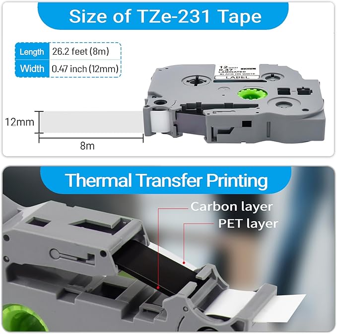 6-PK Replacement for Brother TZe-231 P Touch Label Tape 12mm 0.47 Laminated Black on White, Label Maker Tape TZ-231 for Brother Ptouch Label Maker PT-D220 D210 H110 D400 D600 1880 1900