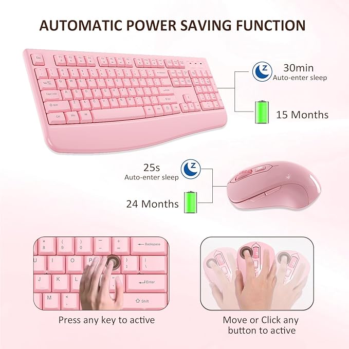 Wireless Keyboard and Mouse Combo, EDJO 2.4G Full-Sized Ergonomic Computer Keyboard with Wrist Rest and 3 Level DPI Adjustable Wireless Mouse for Windows, Mac OS Desktop/Laptop/PC (Pink)