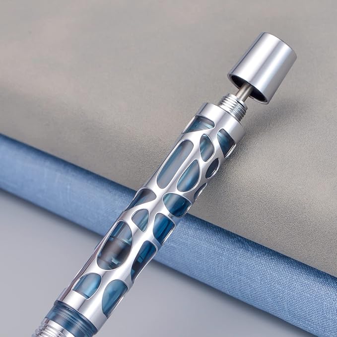 Asvine V169 Vacuum Filling Fountain Pen Extra Fine Nib, Water Drop Skeleton Transparent Gray Blue Acrylic Pen Case Set