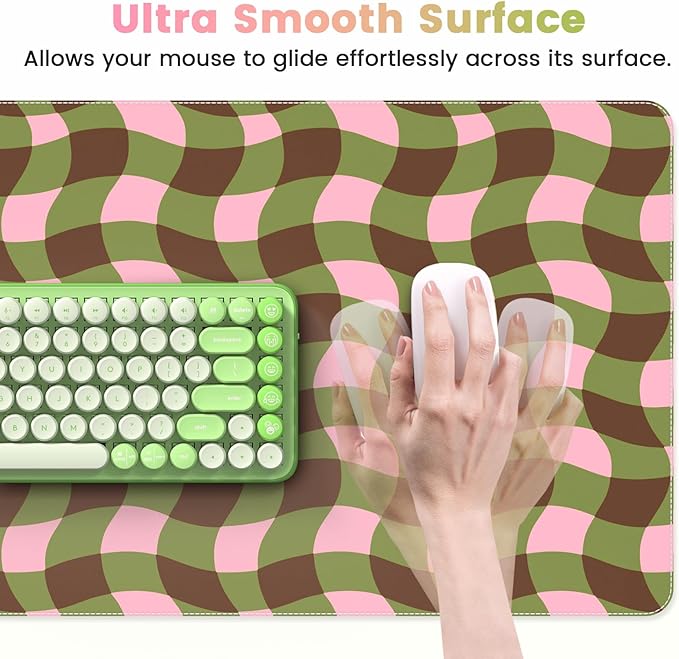 HAOCOO Checkered Desk Mat, Cute Leather Mouse Pad, 35.4" x 15.7" Keyboard Pad Office Accessories, Non-Slip Desktop Mat, Laptop Pad with Stitched Edge Desk Cover Mat(Green)