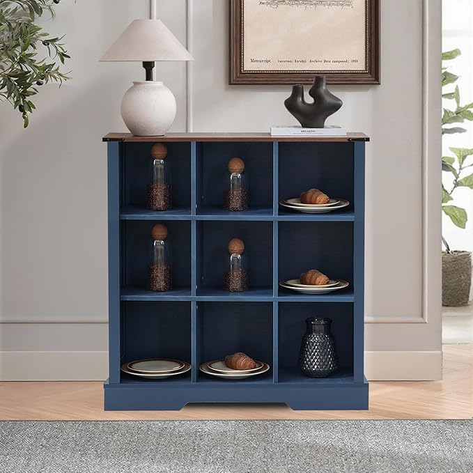 9 Cube Storage Organizer, 3 Tier Bookshelf for Living Room, Farmhouse Bookcase with Led, Kids Toy Storage Cabinet, Wall Cubby Shelves for Home Decor, Wood Display Cabinet for Bedroom, Blue