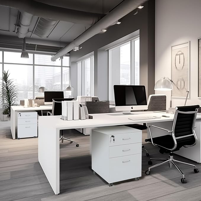 QDSSDECO 3 Drawer Mobile File Cabinet, Rolling Vertical Filing Cabinet fits A4, Legal Paper and Letter Paper for Home Office, White with Lock