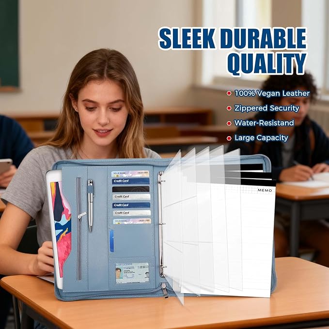 Padfolio Portfolio Folder Binder-Organizer Planner Notebook Zippered Portfolio Padfolio for Women & Men with Document Sleeve,Letter/A4 Size Clipboard,Business Card Holders (Blue Flower)