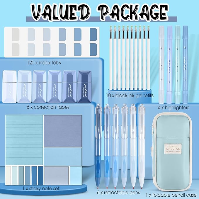 Janlaugh 38 Pcs Aesthetic College School Supplies with Pen Case Sticky Notes Gel Pens Highlighters Correction Tapes Back to School Stationery Kit(Light Blue Color,Classic)