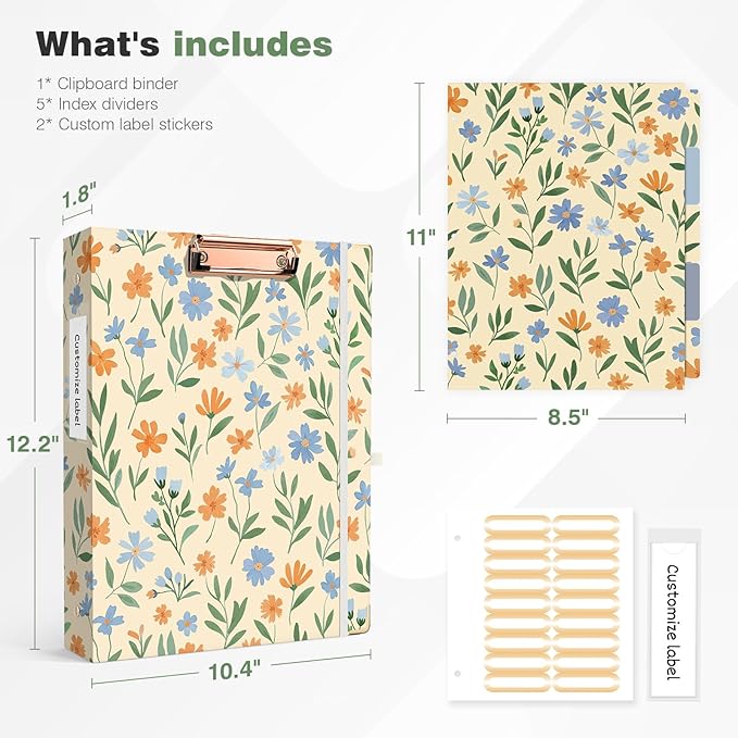 Ospelelf Binder 3 Ring 1 Inch, Round Ring Clipboard Binder for Letter Size Paper with 5 Tab Dividers, for School and Office Supplies, Yellow Floral