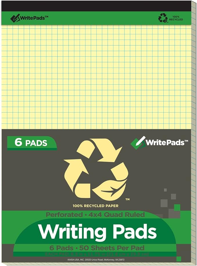KAISA Graph Paper Legal Pads Writing Pads Recycled Paper 8.5"x11.75" Quad Ruled 4x4 Perforated 50 sheets/pad Grid Paper Yellow Notepads Writing Tablet For Office Supplies (Canary 6pad, 8.5x11.75'')