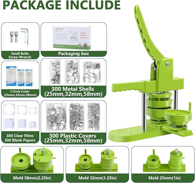 Button Maker Machine Multiple Sizes 1+1.25+2.25in, Button Pin Maker Kit for DIY Gifts, Badge Press Machine with Free 300PCS 25+32+58mm Badge Making Iron Supplies & 3Circle Cutter