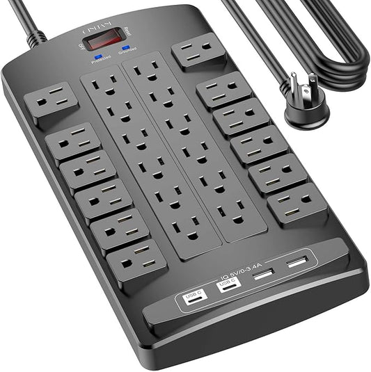 QINLIANF Surge Protector Power Strip - 20Ft Flat Plug Heavy Duty Extension Cord with 24 Outlets and 4 USB Ports(1 USB-C Ports), 1875W/15A, 4100J, for Home, Office, Dorm, ETL Listed, Black