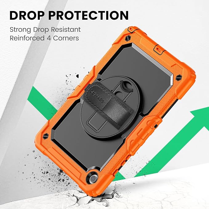 SEYMAC Case for Samsung Galaxy Tab A9+/ A9 Plus 11" (SM-X210/X216/X218), Heavy Duty Shockproof Protective Case with Screen Protector, Rotating Stand, Hand/Shoulder Strap, Orange