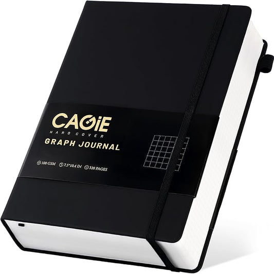 CAGIE Graph Notebook 320 Pages 100 GSM Paper Graphing Grid Journal B5 Hardcover Leather Quad Ruled Notebooks for Engineering, Math, Work, Black