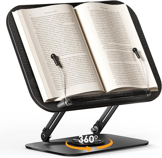 Book Stand for Reading, Adjustable Book Holder with 360° Rotating Bases, Foldable Designs, and Elastic Clips, Multifunctional Display Stand for Recipe, Cookbooks, Magazines, Tablets (Black)